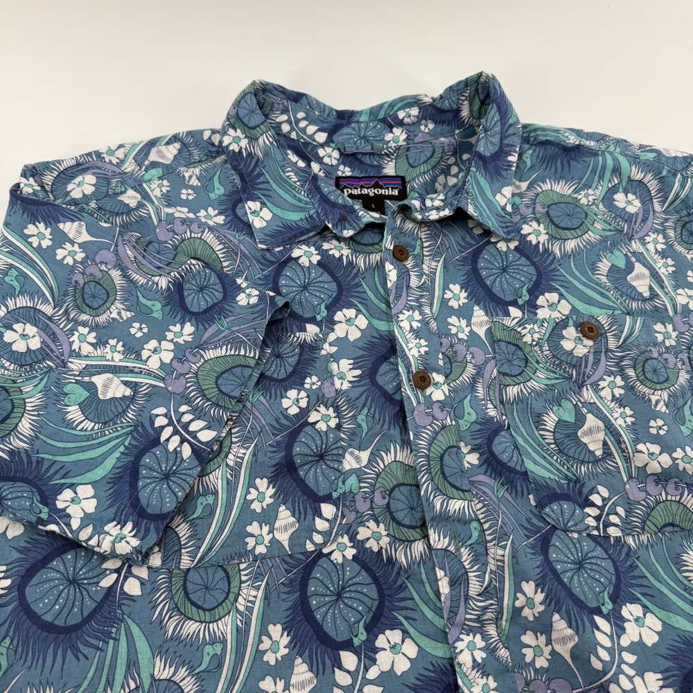 Patagonia Mens Short Sleeve Hemp Cotton Venus Flytrap Shirt Blue 53139 SP22 L